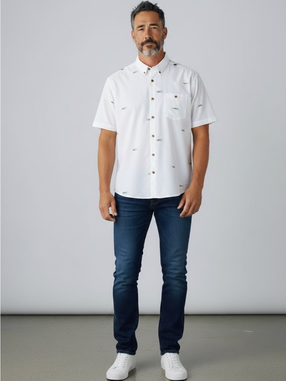 Men's White Short-Sleeve Button-Down Shirt with Subtle Green Print